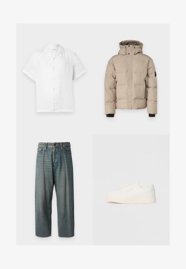 Casaco isolado bege com capuz, apresentando um fecho frontal com zíper, bolsos laterais com zíper e punhos elásticos para calor e conforto.; Camisa de linho branca de mangas curtas com gola e cinco botões de cor clara na frente; textura suave e corte descontraído.; Jeans de ganga azul claro com um corte solto, cintura média e pernas retas. Apresenta cinco bolsos, passadores de cinto e fecho com botão.; Sapatilhas brancas de atacar com uma superfície texturizada, sola grossa e design minimalista. Possui o logo da marca na lateral.