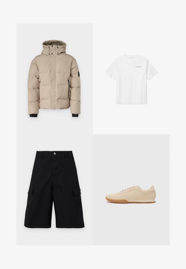 Bežna izolirana jakna s kapuco, ki ima sprednje zadrge, stranske žepne zadrge in elastične manšete za toplotno zaščito in udobje.; Bela bombažna majica s kratkimi rokavi, okroglo ovratnikom in majhnim črnim logotipom "WOOD WOOD" na levi strani prsnega dela. Gladka tekstura, standardna prileganje.; Črne cargo kratke hlače iz trpežnega blaga. Imajo dva stranska žepa, zadrgo in preprost pas z kovinsko gumbom.; Bež semiš čevlji z aerodinamičnim dizajnom, ki imajo teksturirano zgornji del, zaobljen toe in gumijast podplat z zigzag vzorcem.