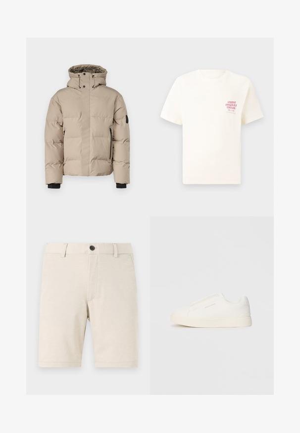 Beige isolierte Jacke mit Kapuze, ausgestattet mit einem Front-Reißverschluss, seitlichen Reißverschlusstaschen und elastischen Bündchen für Wärme und Komfort.; Weißes T-Shirt mit kurzen Ärmeln und rotem Text "Studio Originals Edition" auf der linken Brust, präsentiert vor einem neutralen grauen Hintergrund.; Beige Shorts aus leichtem Stoff, mit einem Frontknopfverschluss, Gürtelschlaufen und einer glatten Textur. Der Saum ist gerade.; Weiße Slip-On-Sneaker mit einer strukturierten Oberfläche, dicker Sohle und minimalistischem Design. Mit Logo der Marke an der Seite.