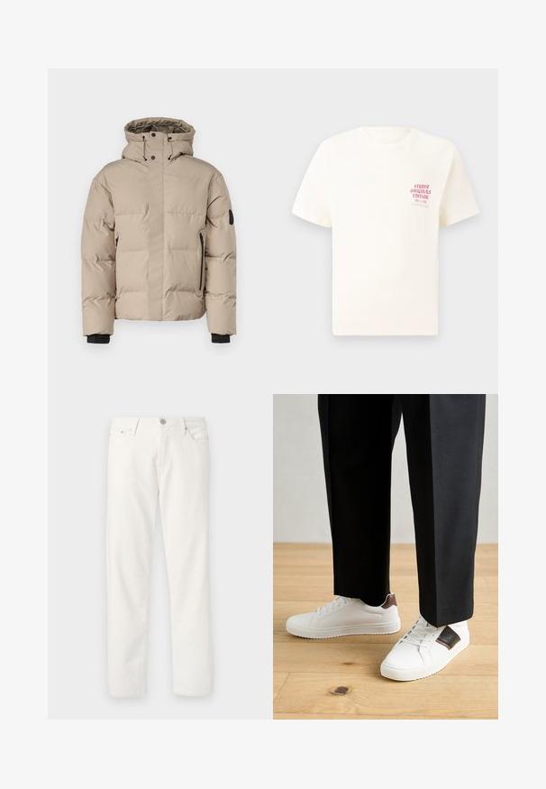 Beige geïsoleerde jas met een capuchon, voorzien van een frontale ritssluiting, zijzakken met rits en elastische manchetten voor warmte en comfort.; Witte T-shirt met korte mouwen met rode tekst "Studio Originals Edition" op de linker borst, weergegeven op een neutrale grijze achtergrond.; Witte denim jeans met een rechte pasvorm, vijf-pocket ontwerp, ritssluiting en knoopsluiting, en subtiele textuur. Bevat riemlussen en contrasterende stiksels.; Witte sneakers met een gladde textuur, voorzien van bruine lederen accenten en zwarte details, gecombineerd met zwarte maatpakken. Achtergrond van houten vloeren.