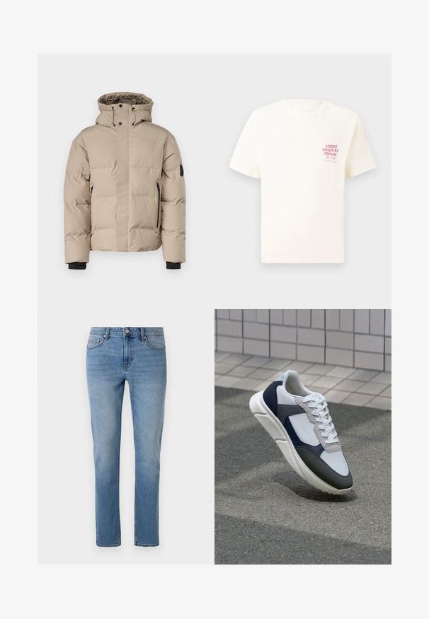 Beige színű szigetelt dzseki kapucnival, elülső cipzáras záródással, oldalsó cipzáras zsebekkel és elasztikus mandzsettákkal a melegség és kényelem érdekében.; Fehér, rövid ujjú póló, bal mellen piros szöveggel "Studio Originals Edition", semleges szürke háttér előtt.; Világoskék farmernadrág egyenes szabással, öt zsebes dizájnnal és finom kopott részletekkel az anyagon. Fém gomb és cipzár záródás.; Fehér, tengerészkék és szürke sneaker vegyes anyagokból készült dizájnnal, amely textúrázott felsőrésszel, lapos fűzőkkel és párnázott talppal rendelkezik.