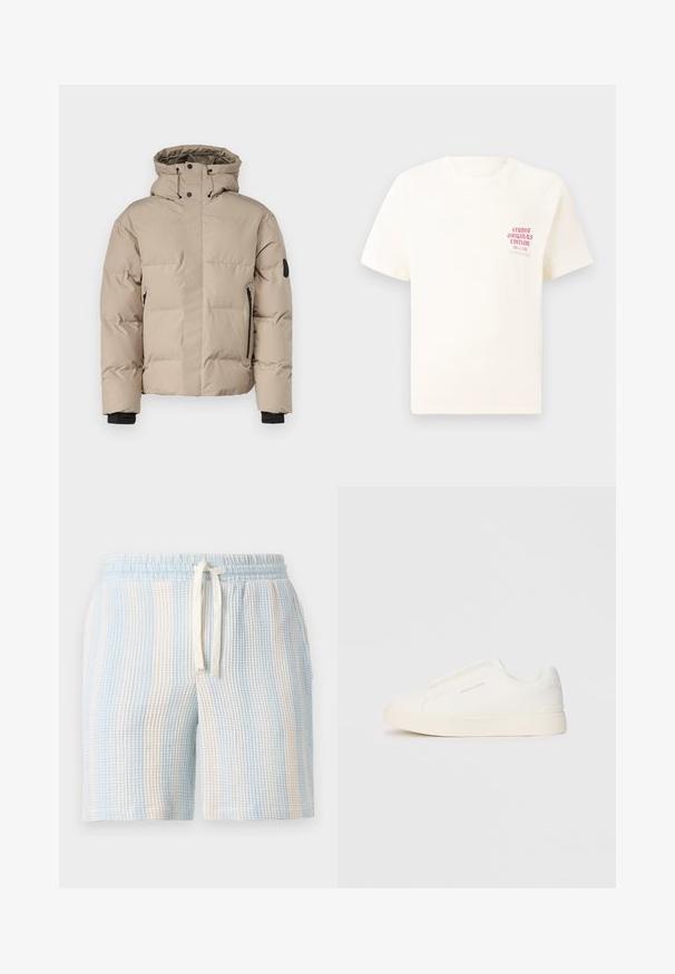 Chaqueta aislante beige con capucha, que cuenta con un cierre frontal de cremallera, bolsillos laterales con cremallera y puños elásticos para mayor calidez y comodidad.; Camiseta blanca de manga corta con el texto rojo "Edición de Studio Originals" en el lado izquierdo del pecho, exhibida sobre un fondo gris neutro.; Pantalones cortos ligeros y texturizados con un patrón de rayas azul y blanco. Cuentan con una cintura elástica y un cierre con cordón.; Zapatillas blancas tipo slip-on con una superficie texturizada, suela gruesa y diseño minimalista. Presenta el logo de la marca en un lado.