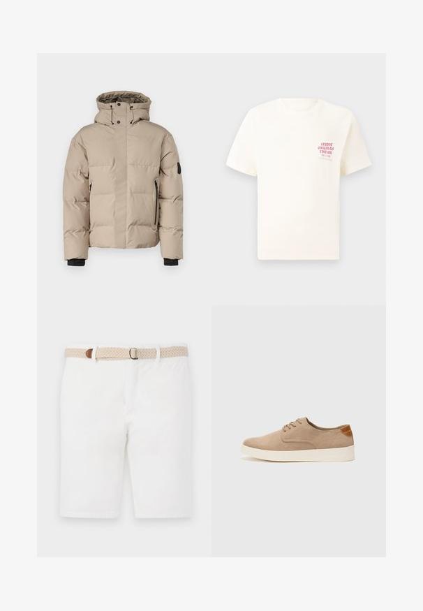 Chaqueta aislante beige con capucha, que cuenta con un cierre frontal de cremallera, bolsillos laterales con cremallera y puños elásticos para mayor calidez y comodidad.; Camiseta blanca de manga corta con el texto rojo "Edición de Studio Originals" en el lado izquierdo del pecho, exhibida sobre un fondo gris neutro.; Pantalones cortos de algodón blanco con un cinturón beige tejido y un acento marrón. Los pantalones cortos tienen un diseño limpio y una textura suave.; Zapatillas de ante beige con puntera redondeada, cordones en la parte delantera y un acento texturizado en la parte trasera. La suela de goma blanca proporciona contraste. Diseño sencillo y moderno.