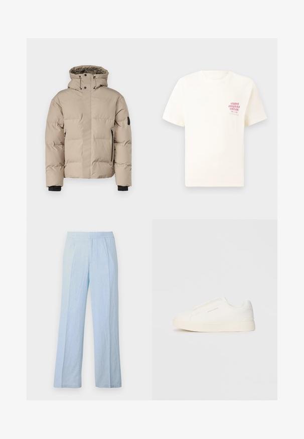 Bežna izolirana jakna s kapuco, ki ima sprednje zadrge, stranske žepne zadrge in elastične manšete za toplotno zaščito in udobje.; Bela majica s kratkimi rokavi z rdečim napisom "Studio Originals Edition" na levi strani prsnega koša, prikazana na nevtralnem sivo backgroundu.; Svetlo modri široki hlače iz mehkega blaga z rebrasto teksturo in elastičnim pasom, ki vsebujejo sprednje gube in sproščen kroj.; Bele zapete brez vezalk z teksturirano površino, debelim podplatom in minimalističnim dizajnom. Na strani se nahaja logotip blagovne znamke.