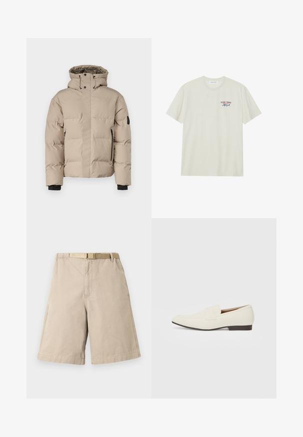 Veste isolée beige avec capuche, dotée d'une fermeture éclair à l'avant, de poches zippées sur les côtés et de poignets élastiques pour la chaleur et le confort.; T-shirt en coton crème clair avec des manches courtes. Présente un petit graphisme bleu et rouge d'un marlin avec le texte "MARLIN TROPHY".; Shorts en coton beige avec une ceinture, présentant une coupe droite, des poches latérales et des coutures renforcées. Texture lisse sur l'ensemble.; Mocassins beige clair avec un bout pointu, en matériau lisse, une sangle sur le devant et une semelle basse marron. Design simple avec des accents minimalistes.
