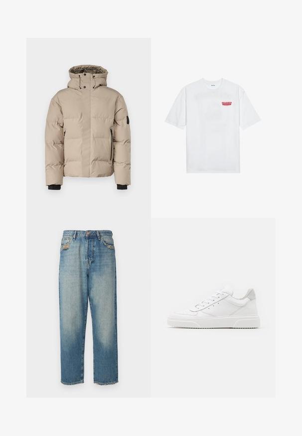 Bež jakna s izolacijom i kapuljačom, koja ima prednji zip zatvarač, bočne zip džepove i elastične manžete za toplinu i udobnost.; Bijela pamučna majica kratkih rukava s okruglim izrezom, s crvenim grafičkim natpisom "UKUSNO OSVJEŽAVAJUĆE VOĆE" sprijeda.; Svijetloplave traperice ravnog kroja, izblijeđene, s istrošenjem na džepovima i pohabanim rubovima. Model s pet džepova s kopčanjem na dugme.; Bijele kožne tenisice s glatkom površinom, okruglim vrhom, ravnim vezicama i strukturiranom potplatom. Sivi antilop naglasak na peti.