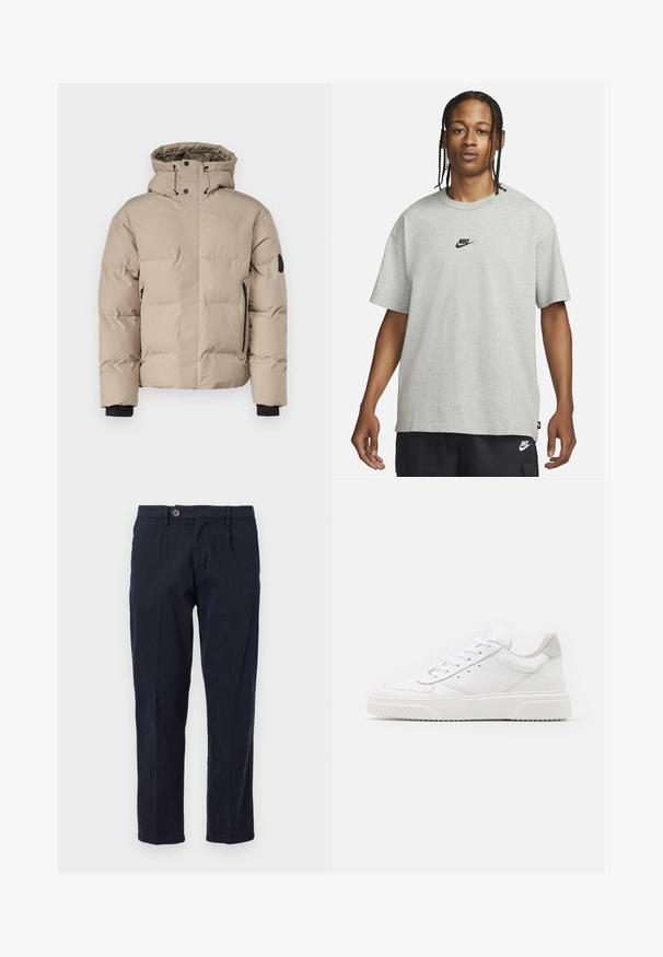 Bežna izolirana jakna s kapuco, ki ima sprednje zadrge, stranske žepne zadrge in elastične manšete za toplotno zaščito in udobje.; Mlad človek z zasebnimi lasmi, oblečen v svetlo sivo majico Nike in črne kratke hlače Nike pred enostavno belo kuliso.; Temno modri, ravni bombažni chinos hlače z enim gumbom in poševnimi stranskimi žepi. Gladka tekstura z minimalnimi gubami.; Bele usnjene športne copate z gladkim zaključkom, okroglo konico, ravnimi vezalkami in teksturiranim podplatom. Sivi semiš detajl na peti.