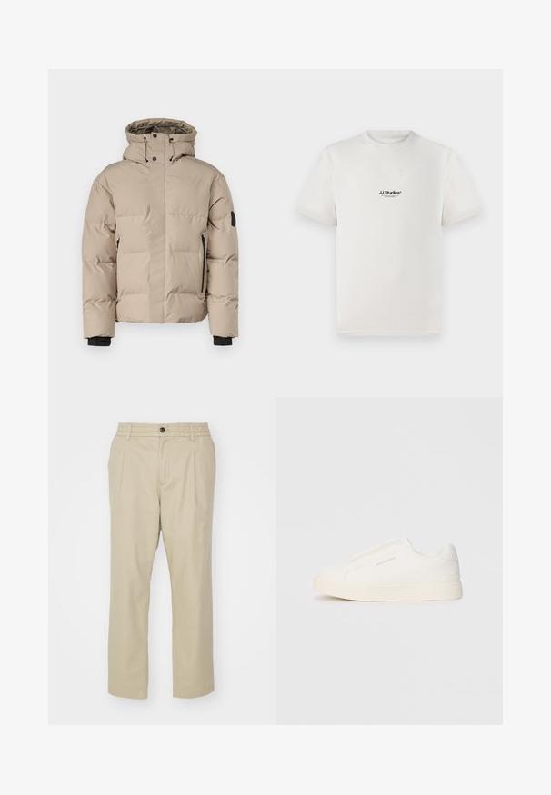 Beige isolierte Jacke mit Kapuze, ausgestattet mit einem Front-Reißverschluss, seitlichen Reißverschlusstaschen und elastischen Bündchen für Wärme und Komfort.; Weißes Baumwoll-T-Shirt mit kurzen Ärmeln, das ein schwarzes "JJ Studios"-Logo auf der Brust zeigt. Rundhalsausschnitt und Standardpassform.; Jack & Jones JPSTKARL JJLAWRENCE SOUTH - Stoffhose - crockery; Weiße Slip-On-Sneaker mit einer strukturierten Oberfläche, dicker Sohle und minimalistischem Design. Mit Logo der Marke an der Seite.