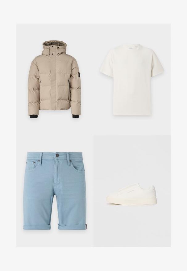 Beżowa ocieplana kurtka z kapturem, z zamkiem błyskawicznym z przodu, bocznymi kieszeniami na zamek oraz elastycznymi mankietami dla dodatkowego ciepła i komfortu.; Biała krótka koszulka z krótkim rękawem o żebrowanej fakturze. Okrągły dekolt, luźny krój, brak widocznych wzorów lub akcentów. Prosty i uniwersalny design.; Jasnoniebieskie szorty dżinsowe w klasycznym pięcio-kieszeniowym fasonie, z podwiniętymi mankietami, detalami przeszyć z przodu i z tyłu oraz ciemnym zapięciem na guzik.; Białe sneakersy wsuwane z teksturowanej powierzchni, grubą podeszwą i minimalistycznym designem. Zawierają logo marki z boku.