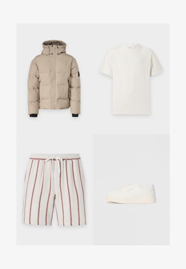 Veste isolée beige avec capuche, dotée d'une fermeture éclair à l'avant, de poches zippées sur les côtés et de poignets élastiques pour la chaleur et le confort.; T-shirt blanc à manches courtes en texture côtelée. Encolure ronde, coupe décontractée, sans motifs ni accents visibles. Design simple et polyvalent.; Shorts en coton avec taille à cordon de serrage, fond crème avec des rayures verticales couleur rouille, tissu texturé et coupe décontractée.; Baskets blanches sans lacets avec une surface texturée, une semelle épaisse et un design minimaliste. Présente le logo de la marque sur le côté.