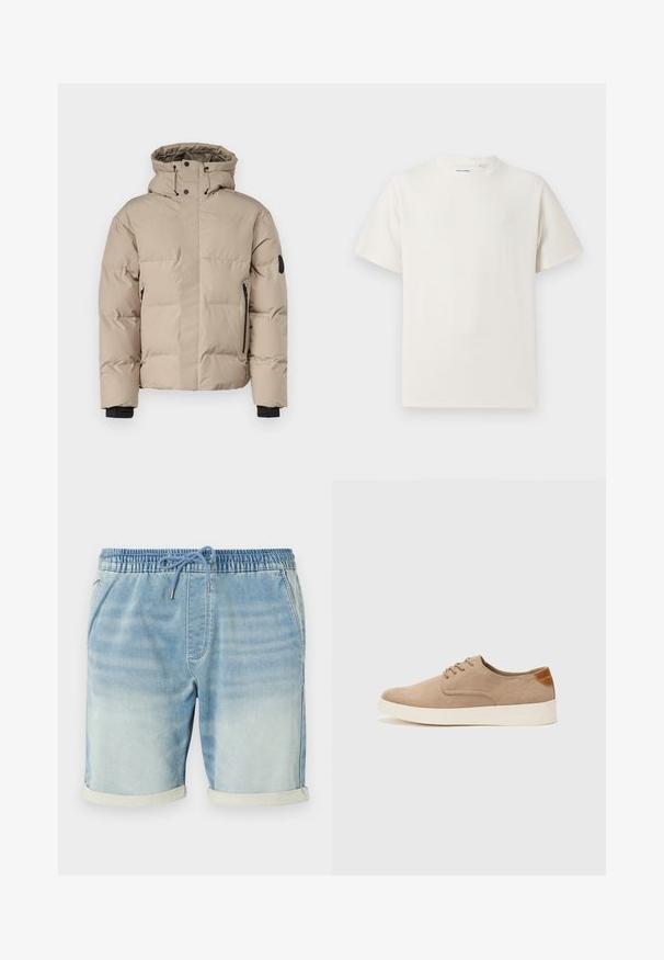 Bež jakna s izolacijom i kapuljačom, koja ima prednji zip zatvarač, bočne zip džepove i elastične manžete za toplinu i udobnost.; Bijela kratka majica s kratkim rukavima u rebrastoj teksturi. Okrugli izrez, ležeran kroj, bez vidljivih uzoraka ili akcenta. Jednostavan i svestran dizajn.; Svijetloplavi traper šorts s elastičnom gumom u struku, zatvaranjem na vezicu, bočnim džepovima i obrušenim rubovima. Glatka tekstura.; Bež nubuk tenisice s okruglim vrhom, vezanjem sprijeda i teksturiranim stražnjim naglaskom. Bijela gumena potpetica pruža kontrast. Jednostavan i moderan dizajn.
