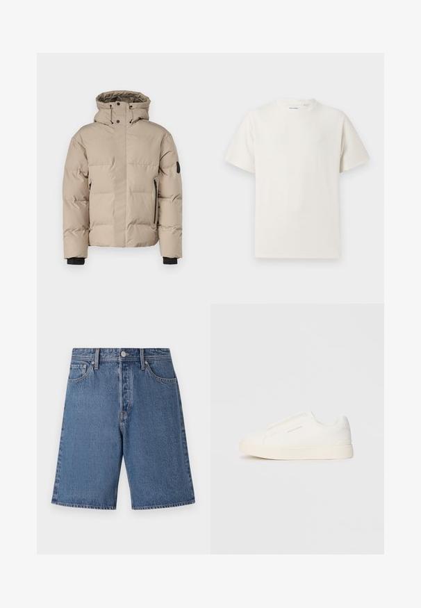 Beige geïsoleerde jas met een capuchon, voorzien van een frontale ritssluiting, zijzakken met rits en elastische manchetten voor warmte en comfort.; Witte korte mouwen T-shirt met ribbelstructuur. Ronde hals, ontspannen pasvorm, geen zichtbare patronen of accenten. Eenvoudig en veelzijdig ontwerp.; Leren denimshorts in lichtblauw met een vervaagde textuur, vijf-pocket design en een knoopsluiting bij de tailleband.; Witte instap sneakers met een gestructureerd oppervlak, een dikke zool en een minimalistisch ontwerp. Bevat het merklogo aan de zijkant.