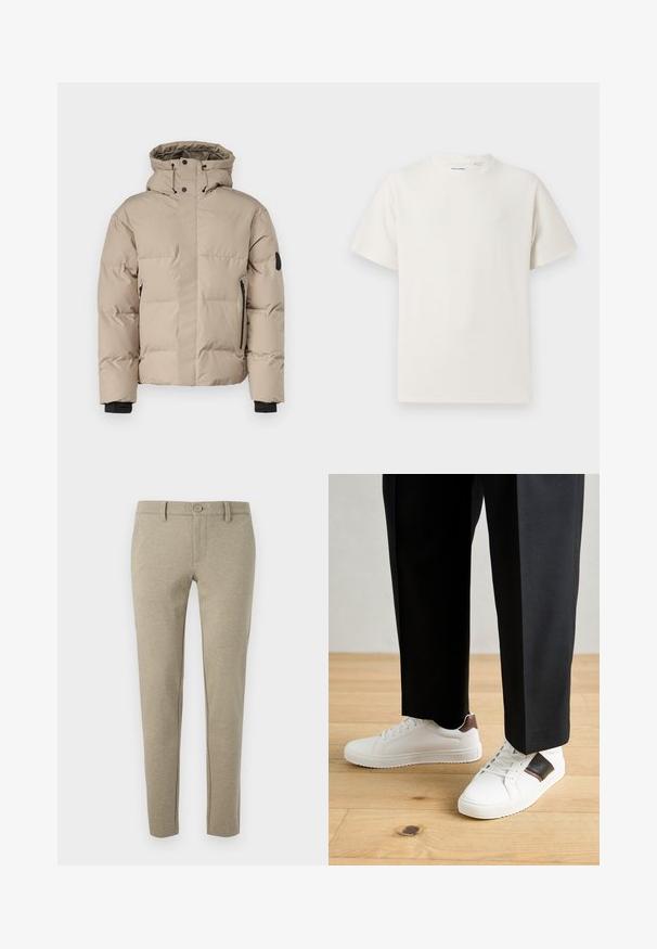 Beige isolert jakke med hette, med front zip lukking, sidelommer med glidelås og elastiske mansjetter for varme og komfort.; Hvit T-skjorte med kort erm i ribbestrikket tekstur. Rund hals, avslappet passform, ingen synlige mønstre eller detaljer. Enkelt og allsidig design.; Beige bukser laget av teksturert materiale, med knappelukk og smale ben, samt sidelommer og subtile sømdetaljer.; Hvite sneakers med glatt tekstur, med brune skinnakenter og svart detaljer, parret med svarte skreddersydde bukser. Bakgrunn med tregulv.