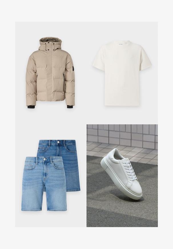 Bež jakna s izolacijom i kapuljačom, koja ima prednji zip zatvarač, bočne zip džepove i elastične manžete za toplinu i udobnost.; Bijela kratka majica s kratkim rukavima u rebrastoj teksturi. Okrugli izrez, ležeran kroj, bez vidljivih uzoraka ili akcenta. Jednostavan i svestran dizajn.; Set od traper kratkih hlača i suknje, s svijetlim i srednje plavim pranjima, klasičnim peto-džepnim dizajnom i metalnim gumbima.; Bijela kožna tenisica s glatkom površinom, okruglim vrhom i ravnim bijelim vezicama. Ima teksturiran gumeni potplat i minimalne dizajnerske elemente.