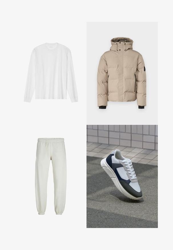 Beige geïsoleerde jas met een capuchon, voorzien van een frontale ritssluiting, zijzakken met rits en elastische manchetten voor warmte en comfort.; Wit katoenen t-shirt met lange mouwen, ronde hals en geribbelde manchetten. Eenvoudig, onopgesmukt ontwerp met een gladde textuur en een standaard pasvorm.; Witte sweatpants gemaakt van zachte stof, met een elastische tailleband en boorden, een gladde textuur en een losvallend ontwerp.; Witte, marineblauwe en grijze sneaker met een gemengde materiaald ontwerp, met een gestructureerde bovenkant, platte veters en een gevoerde zool.