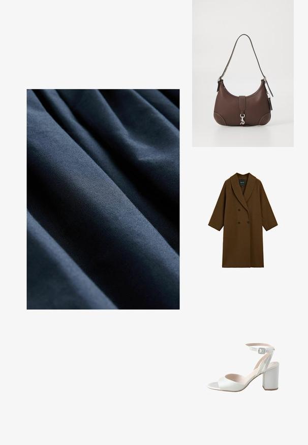 Bruine wollen blend jas met een dubbelgeknopte ontwerp, brede lapels en 3/4 lengte mouwen. Heeft twee zwarte knopen en een schone, minimalistische snit.; Marineblauwe stof met een gladde textuur, voorzien van verticale plooien die een subtiele diepte en dimensie creëren.; Witte hoge hak sandalen met een glanzende satijnen bovenkant, brede blokhak en enkelbandje met een kleine gesp. Glad van textuur, minimalistisch ontwerp.; Bruine leren handtas met een ronde vorm, zilveren hardware en decoratieve stiksels. Beschikt over een schouderband en een klittenbandsluiting.