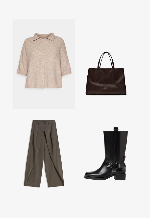 Hnědý kabát z vlněné směsi s dvouřadým designem, širokými klopami a rukávy o délce 3/4. Obsahuje dva černé knoflíky a čistý, minimalistický střih.; Světle béžový pletený kardigan s límcem, krátkými rukávy a čtyřmi knoflíkovými zapínáními. Měkká textura a uvolněný, krátký střih.; Kalhoty s širokými nohavicemi vyrobené z texturované tkaniny tmavě šedé barvy. Obsahují přední záhyb, zapínání na knoflík a boční kapsy pro praktičnost.; Černá kožená vysoká bunda s špičatou špičkou, stříbrnými sponami a robustní podešví. Obsahuje poutko pro snadné obutí.; Massimo Dutti Kabelka - brown