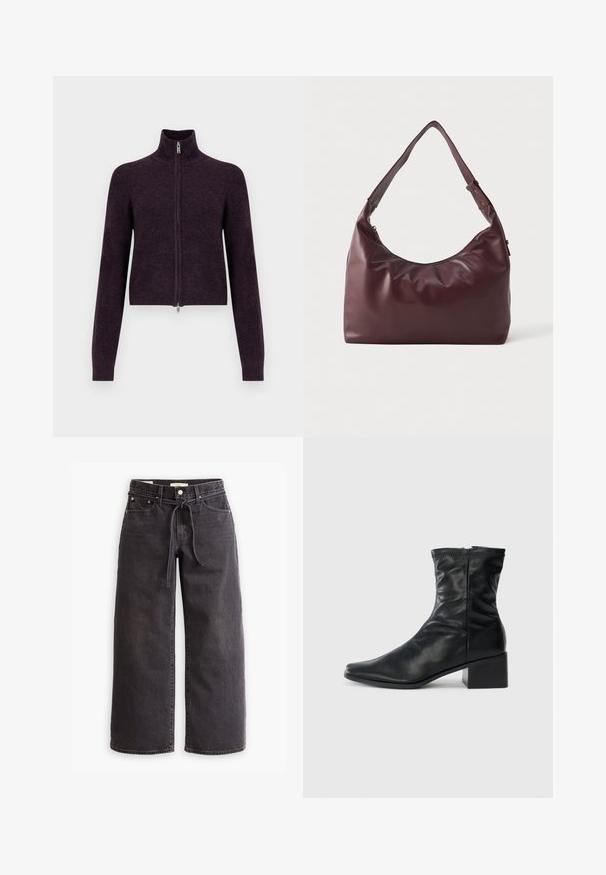 Zwarte leren jas met een hoge kraag, knopenlits en geplooide details op de mouwen en het lichaam voor een relaxte pasvorm. Soepele textuur.; Strak vallende donkerpaarse trui met rits, hoge kraag, lange mouwen en een gladde textuur. Voorzien van een zilverkleurige rits en een minimalistisch ontwerp.; Zwarte langemouwen turtleneck shirt gemaakt van gladde stof; aansluitend ontwerp met een hoge kraag en geen zichtbare naden. Eenvoudige, effen kleur.; Zwarte wijde denim jeans met een trekkoord in de taille, vijf zakken en contrasterende stiksels. Platte voorkant.; Zwarte leren enkelboot met een vierkante neus, een zijrits en een blokhak op een effen witte achtergrond.; Vloeiend burdeos leren schoudertas met verstelbare schouderriem en ritsluiting, weergegeven tegen een simpele witte achtergrond.