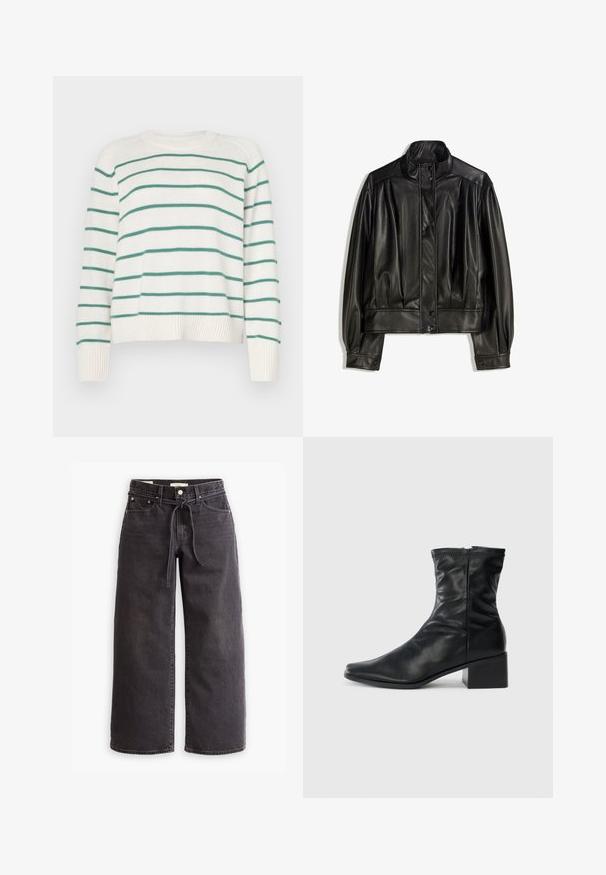 Zwarte leren jas met een hoge kraag, knopenlits en geplooide details op de mouwen en het lichaam voor een relaxte pasvorm. Soepele textuur.; Witte trui met groene horizontale strepen, ronde halslijn en ribbelmanchetten. Zachte textuur, iets cropped ontwerp met een losse pasvorm.; Zwarte langemouwen turtleneck shirt gemaakt van gladde stof; aansluitend ontwerp met een hoge kraag en geen zichtbare naden. Eenvoudige, effen kleur.; Zwarte wijde denim jeans met een trekkoord in de taille, vijf zakken en contrasterende stiksels. Platte voorkant.; Zwarte leren enkelboot met een vierkante neus, een zijrits en een blokhak op een effen witte achtergrond.