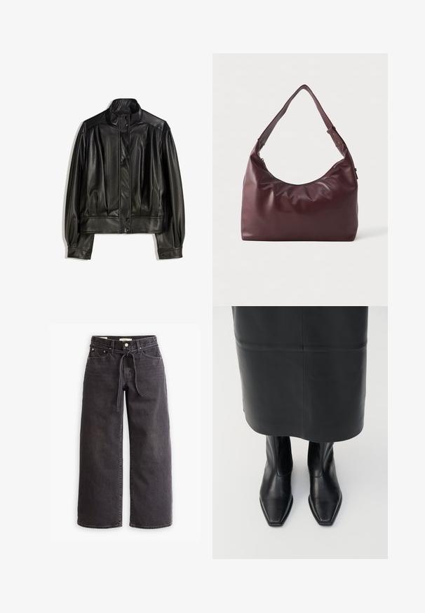 Fekete bőrdzseki magas gallérral, gombos elülső résszel és ráncolt részletekkel a karokon és a testen a laza illeszkedésért. Sima textúra.; Fekete, hosszú ujjú, galléros póló sima anyagból; testhezálló kialakítás magas gallérral és láthatatlan varratokkal. Egyszerű, egyszínű.; Fekete, bőszárú farmernadrág, állítható derékkal, öt zsebbel és kontrasztos varrási részletekkel. Lapos elülső dizájn.; Fekete bőr, magas bokájú csizmák négyzet alakú orral és oldalcipzárral. Simafa felület és minimális fémrész; fekete bőr szoknyával párosítva.; Simán burgundi bőr válltáska állítható pánttal és cipzáras záródással, sima fehér háttér előtt bemutatva.
