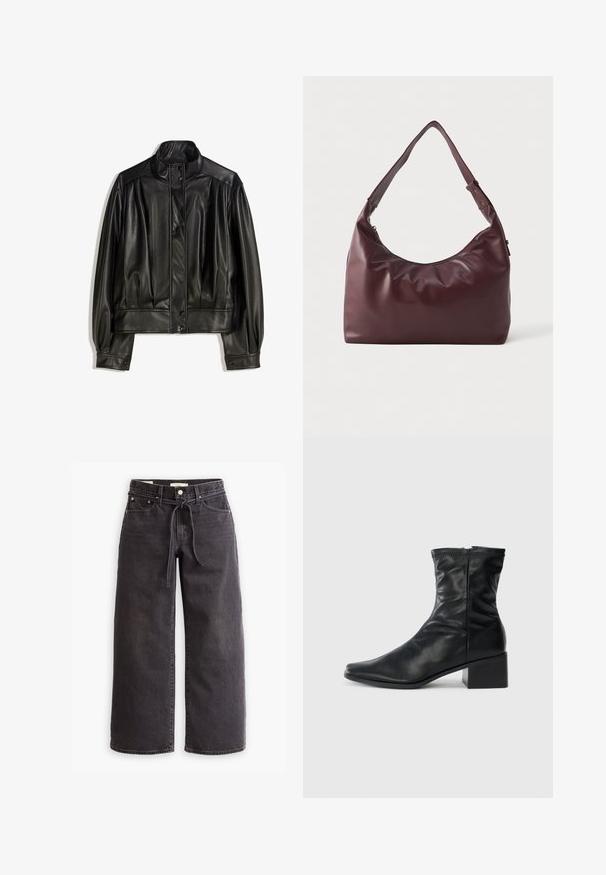 Mustat nahkatakki, jossa on korkea kaulus, nappikiinnitys sekä rypytetty yksityiskohta hihoissa ja vartalossa, joka luo rentoa istuvuutta. Sileä pinta.; Musta pitkähihaisen korkeakauluksinen paita, joka on valmistettu sileästä kankaasta; muotoonommeltu malli, jossa on korkea kaulus ja ei näkyviä saumoja. Yksinkertainen, yhtenäinen väri.; Mustat leveälahkeiset farkut, jotka on valmistettu denimistä, varustettu nyöri vyötäröllä, viidellä taskulla ja kontrastiväreillä koristelluilla saumoilla. Tasainen etuosa.; Mustat nahkasaappaat, jotka ulottuvat keskileiluun, neliskanttinen kärki, sivuvetoketju ja paksu korko, valkoista taustaa vasten.; Sileä burgundinpunainen nahkainen olkalaukku, jossa on säädettävä hihna ja vetoketjukiinnitys, esiteltynä yksinkertaista valkoista taustaa vasten.
