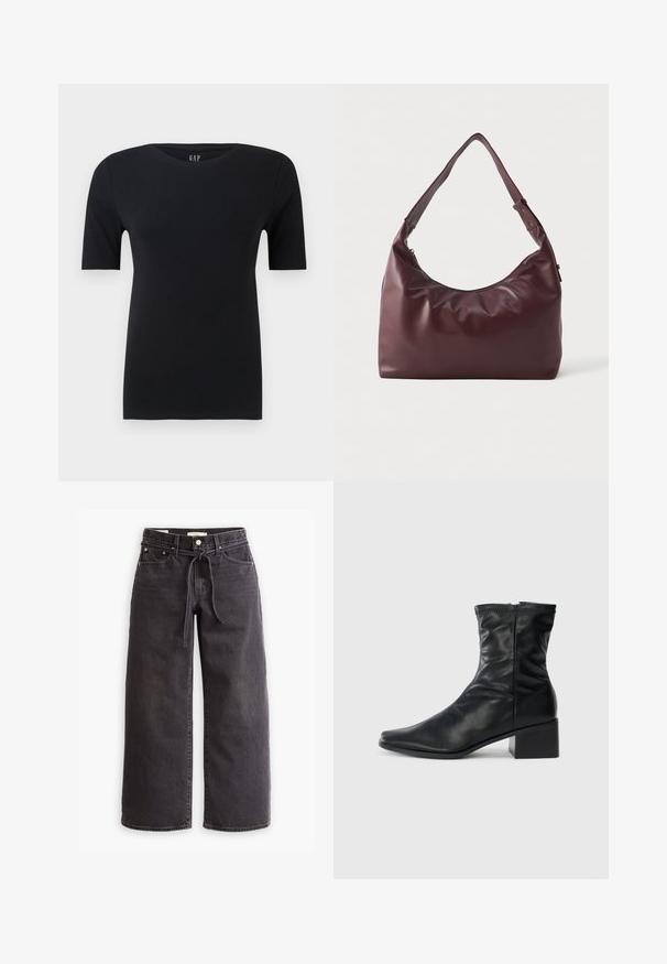 Giubbotto di pelle nera con colletto alto, chiusura a bottoni e dettagli arricciati sulle maniche e sul corpo per un fit rilassato. Texture liscia.; T-shirt nera a maniche corte in morbido cotone, caratterizzata da un colletto rotondo e una vestibilità rilassata, con cuciture minime e senza motivi visibili.; Jeans neri a gamba larga in denim, con vita con coulisse, cinque tasche e dettagli di cuciture a contrasto. Design con davanti piatto.; Stivale in pelle nera al polpaccio con punta quadrata, zip laterale e tacco a blocco su uno sfondo bianco semplice.; Borsa a spalla in pelle bordeaux liscia con tracolla regolabile e chiusura a zip, esposta su uno sfondo bianco semplice.