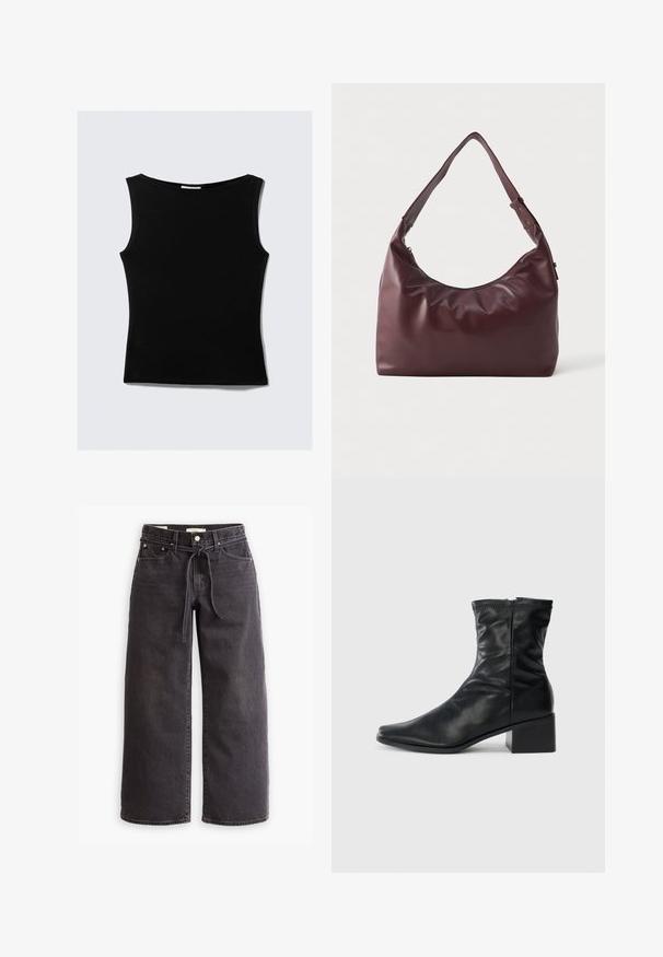 Schwarze Lederjacke mit hohem Kragen, Knopfverschluss und gerafften Details an Ärmeln und Körper für eine lockere Passform. Glatte Textur.; Schwarzes ärmelloses Oberteil mit rundem Ausschnitt, aus glattem, elastischem Material gefertigt. Hat eine taillierte Silhouette und ein klares, schlichtes Design.; Schwarze, weit geschnittene Jeans aus Denim mit einem Zugbandbund, fünf Taschen und kontrastierenden Nahtdetails. Flacher Frontschnitt.; Schwarze Lederstiefelette bis zur Wade mit quadratischer Zehenform, seitlichem Reißverschluss und Blockabsatz auf einem schlichten weißen Hintergrund.; Glatte bordeauxrote Leder-Schultertasche mit verstellbarem Riemen und Reißverschluss, vor einem schlichten weißen Hintergrund präsentiert.