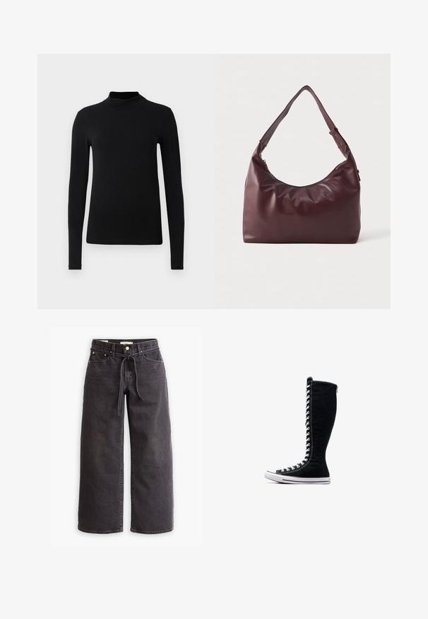 Sort læderjakke med høj krave, knaplukning og sammensyning på ærmer og krop for en afslappet pasform. Glat tekstur.; Sort langærmet turtleneck skjorte lavet af glat stof; tætsiddende design med høj krave og ingen synlige sømme. Enkel, ensfarvet.; Sorte vide ben jeans lavet af denim, med snørre i taljen, fem lommer og detaljer med kontrastsyninger. Flad frontdesign.; Sorte høje sneakers med et højt design, lavet af kanvas. Har hvide snørebånd, syninger og en gummisål med en tåhætte.; Glat bordeaux læder skuldertaske med justerbar rem og lynlåslukning, præsenteret mod en ensfarvet hvid baggrund.