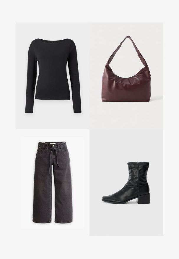 Black leather jacket featuring a high collar, button front, and gathered detailing on sleeves and body for a relaxed fit. Smooth texture.; Black long-sleeve fitted shirt with a wide round neckline, displayed against a plain white background.; Black wide-leg jeans made of denim, featuring a drawstring waist, five pockets, and contrast stitching details. Flat-front design.; Black mid-calf leather boot with a square toe, side zipper, and block heel on a plain white background.; Smooth burgundy leather shoulder bag with adjustable strap and zipper closure, displayed against a plain white background.