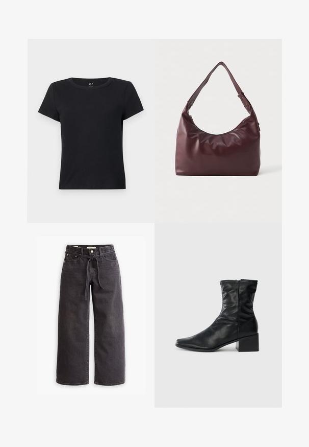 Čierna kožená bunda s vysokým golierom, predným zapínaním na gombíky a prehnanými detailmi na rukávoch a tele pre voľný strih. Hladká textura.; Čierne tričko s krátkym rukávom vyrobené z rebrovanej látky, s okrúhlym výstrihom a voľným strihom. Žiadne viditeľné vzory ani akcenty.; Čierne široké džínsy vyrobené zo denimu, s elastickým pásom na šnúrku, piatimi vreckami a kontrastným prešívaním. Rovný predný dizajn.; Čierna kožená čižma po členky so štvorcovou špičkou, bočným zipsom a blokovým podpätkom na bielom pozadí.; Hladká bordová kožená taška cez rameno s nastaviteľným popruhom a zipsom, predstavená na jednoduchej bielej pozadí.