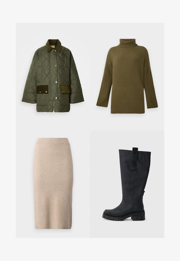 Prošívaná zelená bunda s manžetou z manšestru a předními kapsami. Má zlaté kovové doplňky a hranatý tvar. Hladká textura s matným povrchem.; Olivově zelený žebrovaný rolák s dlouhými rukávy a volným střihem, který má vysoký límec a texturovaný pletený vzor.; pure cashmere STRAIGHT MIDI SKIRT - Pouzdrová sukně - camel; Černé gumové holínky po kolena s masivní podrážkou, texturovaným gripem a textilním poutkem na vršku pro snadné obouvání. Hladký, matný povrch.