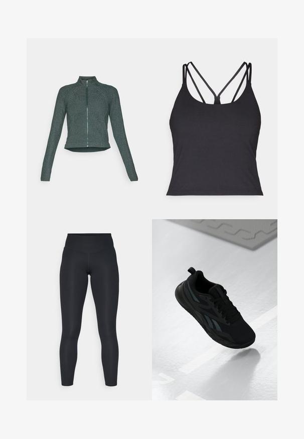 Dark green, fitted zip-up jacket with a high collar, smooth texture, and subtle shimmer; features long sleeves and a rounded hemline.; Black tank top featuring thin straps with a crisscross design at the back. Made from soft, stretchy material with a fitted silhouette.; Black leggings made of stretchy fabric, featuring a high waistband, smooth texture, and a body-hugging fit. No visible patterns or hardware.; Black athletic shoe with a mesh upper, featuring textured accents and a flat sole shape. Includes tonal branding and a pull tab at the heel.
