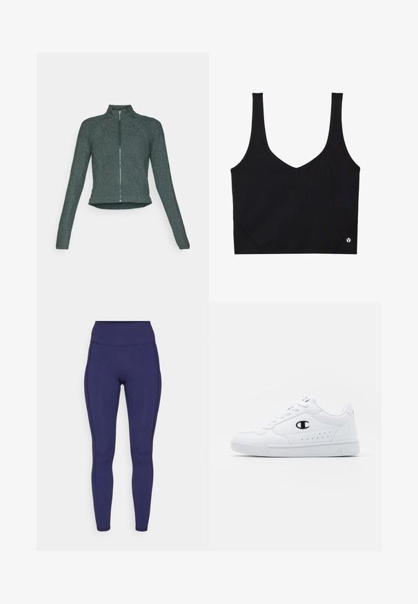 Tume roheline, istuv lukuga bleiser kõrge kraega, sileda tekstuuriga ja peene säraga; omab pikki varrukaid ja ümarat äärekoht.; Mustmust mustriba laia, V-kaeluse disainiga, tekstureeritud kanga ja logo detailiga hemil. Sile viimistlus, minimalistlik stiil.; Tumed kõrge vöökohtadega retuusid, mis on valmistatud venivast kangast. Omab lamedaid õmblusi ja tihedat istuvust, lisaks on külgedel kaks taskut hoiustamiseks.; Valged spordijalatsid, millel on sile sünteetiline pealmine osa, must logo aktsent ja perforatsioonid külgedel. Kummikreen.