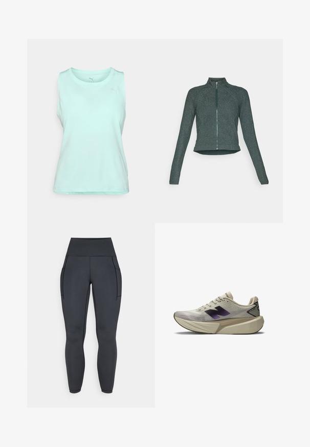 Tmavo zelená, priliehavá bunda na zips s vysokým golierom, hladkou textúrou a jemným leskom; má dlhé rukávy a zaoblený lem.; Svetlá mätovo-zelená bezrukávová športová blúzka vyrobená z hladkej, priedušnej tkaniny. Má okrúhly výstrih a jemné logo na hornej ľavej strane.; Vysoké čierne legíny vyrobené z elastickej, hladkej látky. Obsahujú dve bočné vrecká a kontrastné švy pozdĺž švov.; Svetlo béžová športová obuv s robustnou podrážkou, čiernym a fialovým logom "N" po boku a štítkom "FantomFit" na päte.