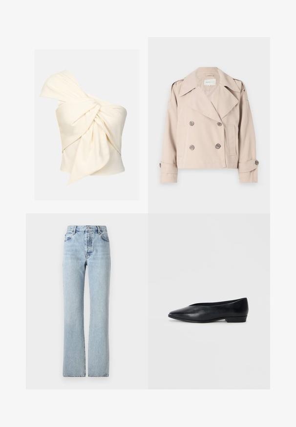Beige kort trenchcoat med dobbeltbrystet knappelukking, brede revers og rullede mansjetter. Glatt tekstur, minimalistisk design.; En-skulder krem topp laget av glatt stoff, med en stor vridd knute detalj foran og en tettsittende passform.; Lys blå denimjeans med høy midje, rette ben, klassisk fem-lommers design og subtil falming gjennom hele.; Sorte skinn flate sko med spiss tå, lett hevet hæl og glatt overflate. Enkelt design uten synlig hardware eller mønstre.