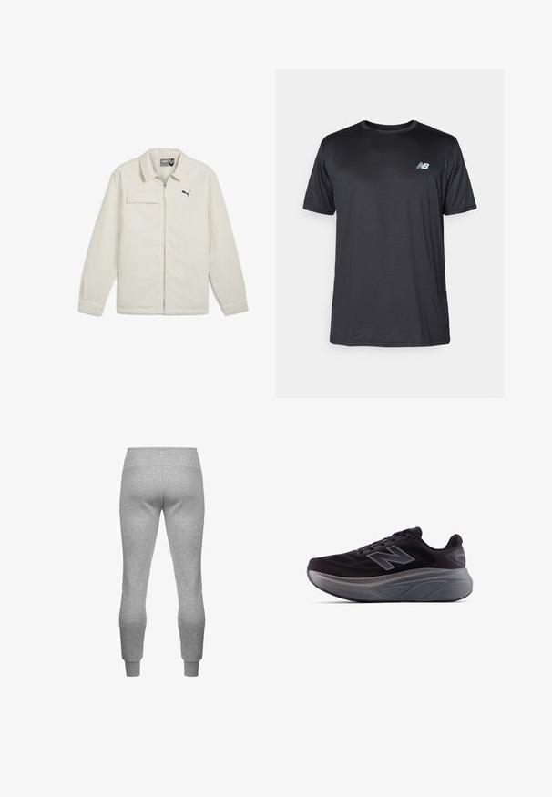 Crèmekleurige jas met een ritssluiting aan de voorkant, een puntige kraag en lange mouwen. Heeft een enkele borstzak en een zwart logo-accent op de borst.; New Balance Sport T-shirt - black; Grijze sweatpants met een elastische tailleband en aansluitende boorden, gemaakt van zachte stof, met een gladde textuur en zonder zichtbare patronen.; Zwarte sportieve schoen met een gestructureerde bovenkant, versterkte hak en een dikke grijze zool. Heeft een opvallend "N"-logo.