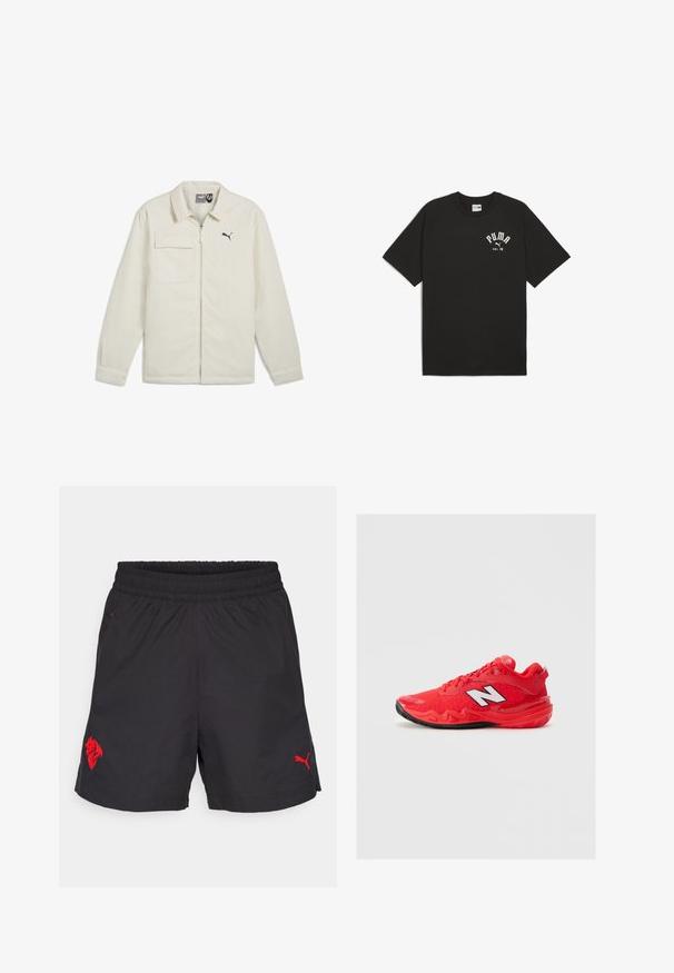 Cream-colored jacket with a zip front, pointed collar, and long sleeves. Features a single chest pocket and black logo accent on the chest.; Black cotton t-shirt with short raglan sleeves. Front features white "PUMA" logo and "est. 48" text. Classic, relaxed fit.; Black athletic shorts with an elastic waistband, featuring a red lion logo and a red Puma logo on the lower side. Lightweight fabric, smooth texture.; Red athletic sneaker with black sole, laces, and a white "N" logo on the side, displayed on a plain light gray background.