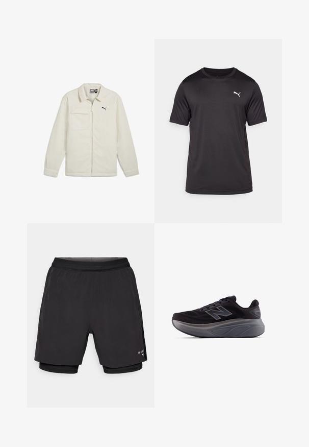 Krēmkrāsas jaka ar rāvējslēdzēja priekšpusi, sīku apkakli un garām piedurknēm. Iezīmēta ar vienu krūšu kabatu un melnu logo akcentu uz krūtīm.; Melna sporta T-krekls izgatavots no mitrumu izturoša auduma, ar apaļu kakla izgriezumu, īsām piedurknēm, ar mazu baltu logotipu kreisajā krūtī.; Melni sporta šorti ar slāņotu dizainu, kas ietver gludu ārējo audumu, elastīgu jostasvietu un iekšējo acs odere. Zīmols sānos.; Melnas sporta kurpes ar teksturētu virsu, pastiprinātu papēdi un biezu pelēku zoli. Iezīmēta ar izcilu "N" simbolu.