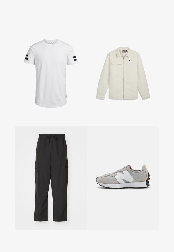 Cream-colored jacket with a zip front, pointed collar, and long sleeves. Features a single chest pocket and black logo accent on the chest.; Jack & Jones JCOBORO TEE CREW NECK - Print T-shirt - white; Black cargo pants with an elastic waistband and drawstring. Features two side pockets and a smooth, lightweight fabric.; Gray sneaker with mesh and suede materials, featuring a white side logo, gray laces, and a black rubber outsole.