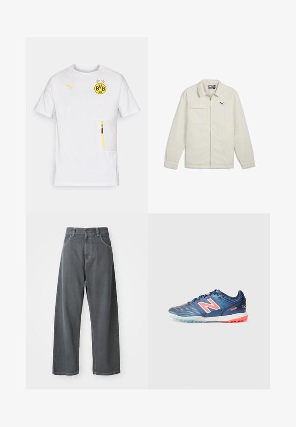 Kreemvalge jakk, millel on lukuga eesmine osa, terav krae ja pikad varrukad. Funktsioonide seas on üks rinnatasku ja must logoaktsent rinnas.; Valge lühikeste varrukate spordisärk, millel on kollane BVB logo, kollased aktsendid ja lukuga tasku vasakul ees. Kergest materjalist.; Hallide denim laiade püksid kõrge vöökoht, millel on eestaskud, vöökohale mõeldud paelad ja nööpidega kinnitamine.; Sinine sünteetiline jalgpalliking, millel on tekstureeritud pind, suure valge ja roosa "N" logoga, kummist tallaga ja helesiniste aktsentidega.