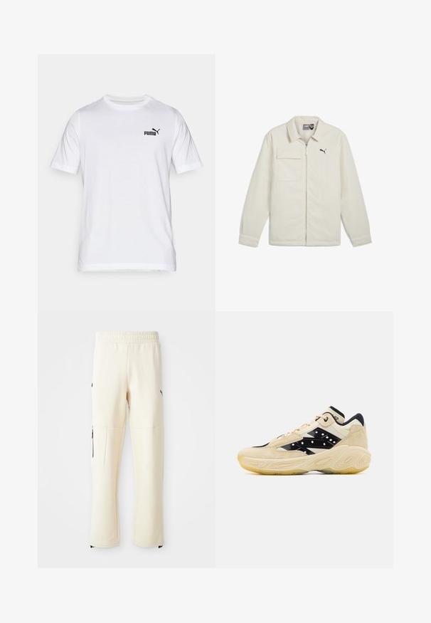 Krém színű dzseki, cipzáros elől, hegyes gallérral és hosszú ujjakkal. Egyzsebes kialakítás, fekete logóval az emlőrészen.; Fehér pamut póló rövid ujjakkal és kerek nyakkivágással, bal mellen egy kis fekete Puma logóval. Egyszerű dizájn és sima tapintás.; Világos bézs színű, puha anyagból készült jogger nadrág. Fekete logóval, oldalsó cipzáras zsebekkel és laza szabással rendelkezik.; Beige és fekete sneaker, velúr felsőrésszel, sima fekete oldalsó panellel, amelyet fehér pöttyök díszítenek, valamint textúrált gumitalppal.