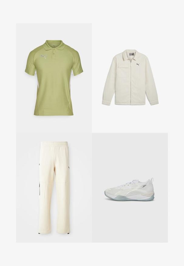 Krémová bunda se zipem v přední části, špičatým límcem a dlouhými rukávy. Obsahuje jednu náprsní kapsu a černý akcent loga na hrudi.; Světle zelené polo tričko s límečkem, dvěma knoflíky a krátkými rukávy. Bílé boční panely a stříbrné logo Puma na hrudi.; Světlé béžové tepláky vyrobené z měkké látky. Mají černé logo, postranní kapsy na zip a uvolněný střih.; Bílé sportovní tenisky s síťovaným svrškem, texturovanými detaily a průhlednou podrážkou. Disponují šněrováním a zadním poutkem pro snadné obouvání.