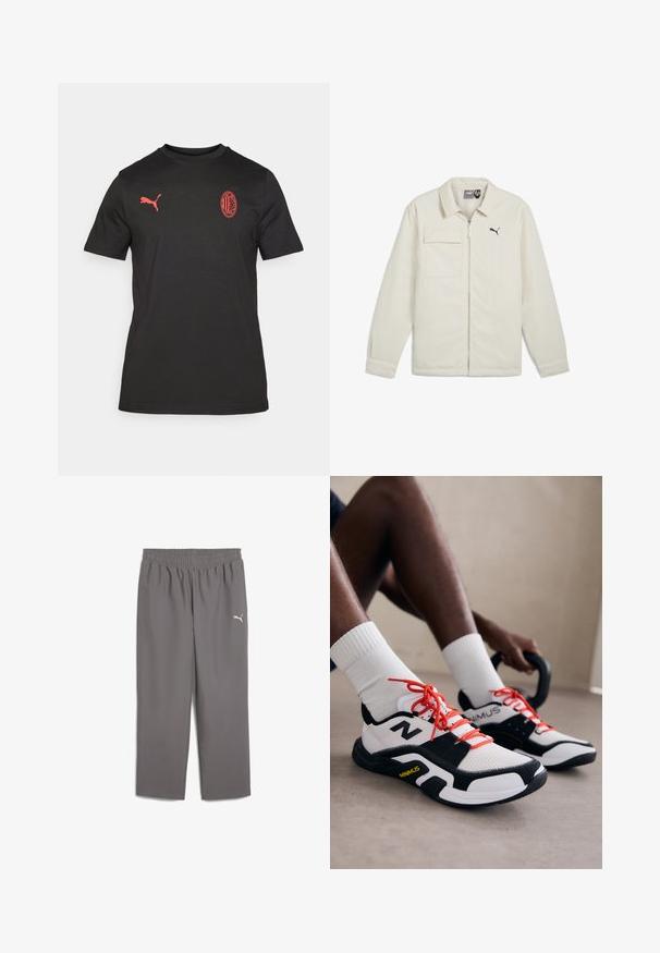 Krémový kabát so zipsom, špičatým golierom a dlhými rukávmi. Má jednu náprsné vrecko a čierny logotyp na hrudi.; Čierne tričko s krátkym rukávom, vyrobené z jemného materiálu. Na ľavej strane hrude sa nachádza červené logo Puma a na prednej strane je červený vyšívaný erb klubu.; Sivé športové nohavice s elastickým pásom, vyrobené z ľahkej textílie. Na ľavom stehne sa nachádza malé bílé logo.; Biele a čierne športové topánky s červenými šnúrkami, sieťovaným zvrškom a gumovou podrážkou. Majú logo na boku a textúrovaný dizajn.