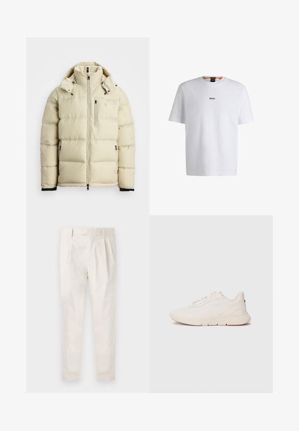 Heled beige puffer jope kõrge kraega, eemaldatava kapuutsiga, lukuga esiosaga ja kahe küljetaskuga. Esitleb õmmeldud paneele ja logo detaili.; Valge puuvillane T-särk lühikeste varrukatega, millel on must "BOSS" logo, mis on keskendatud rinnale, ja ümmargune kaelaava disain.; Valged volditud püksid, mis on kohandatud sobivusega, sujuva tekstuuriga, vööloopidega ja kitsenevate jalgadega. Pole nähtavaid taskuid ega mustreid.; Valge tennis shoe, mis on valmistatud tekstuurilisest materjalist, sujuva tallaga, paelaga kinni seotud esiosas ja diskreetse brändingu ning jalatalla peal. Minimalistlik disain.