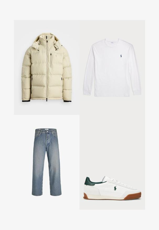 Gaiši beidzams pūkains mētelis ar augstu apkakli, noņemamu kapuci, ar rāvējslēdzēju aizdari un divām sānu kabatām. Iezīmēts ar šūtām paneļām un logotipa detaļu.; Baltas garām piedurknēm T-krekls, izgatavots no kokvilnas. Tam ir apaļa kakla izgriezne, ribotas piedurknes un neliels tumši zilas polo logo kreisajā krūtī.; Gai zili džinsu bikses ar brīvu piegriezumu, augstu jostasvietu un taisnām kājām. Iespējas priekšējās kabatas un metāla pogas aizdare.; Baltas sporta apavi ar zaļiem ādas akcentiem un brūnu gumijas zoli. Iezīmēts ar auduma virsmu un izteiktu logotipu sānos. Ar auklām.