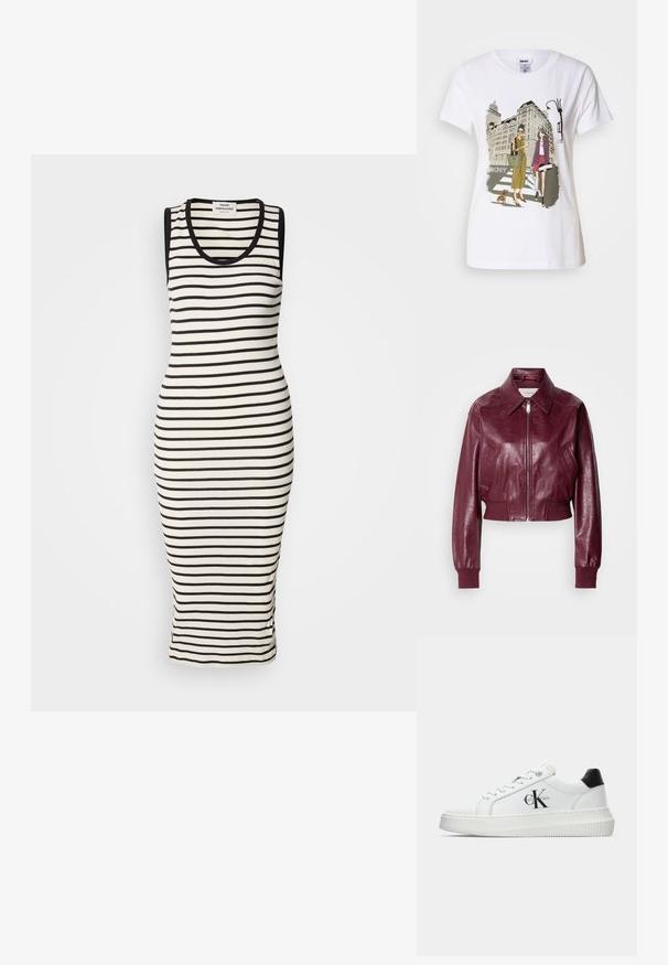 Calvin Klein Jeans CROPPED CRINKLE - Bombera - deep rouge; Prúžkovaná tank šaty v krémovej a čiernej farbe. Vytkaná textúra, priliehavý strih, bez rukávov s okrúhlym výstrihom. Dĺžka po polovicu lýtok.; Biela bavlnená tričko s potlačou ilútrácie dvoch žien v mestských módnych štýloch so psom na prechode a mestskými budovami.; Biele nízke tenisky s čiernym pätkovým dielom, platformovou podrážkou, šnúrkami a logom "CK" značky Calvin Klein na boku.