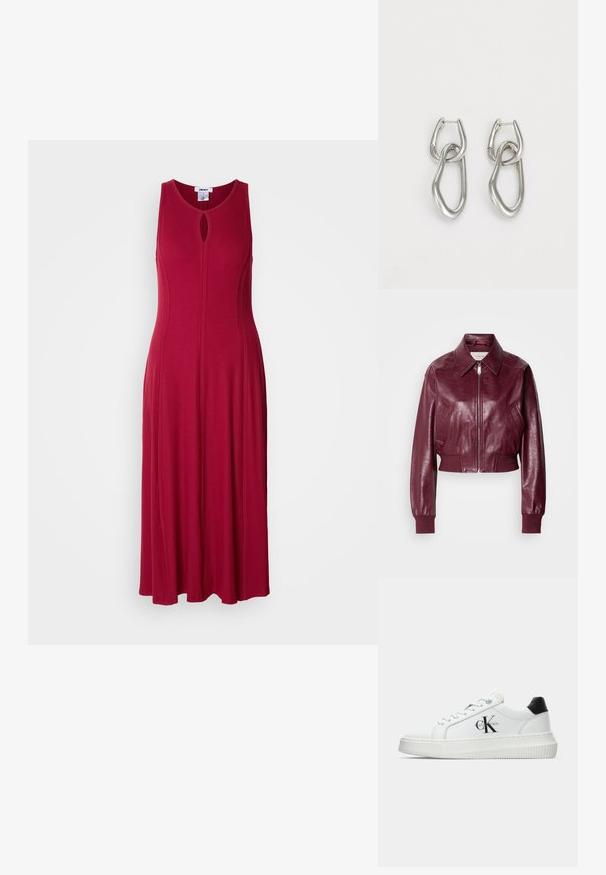 Calvin Klein Jeans CROPPED CRINKLE - Bomber stiliaus striukė - deep rouge; Ilga be rankovių raudona suknelė, pagaminta iš raukšlėtos medžiagos, turinti skylutės formos iškirptę ir sklandžią sijono konstrukciją, užtikrinančią laisvą prigludimą.; Balti žemakulniai bateliai su juodu kulno dangteliu, platformos padu, raišteliais ir Calvin Klein "CK" logotipu šone.; Calvin Klein STATEMENT LINKS - Auskarai - silver-coloured