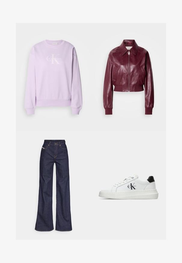 Calvin Klein Jeans CROPPED CRINKLE - Bomber stiliaus striukė - deep rouge; Švelnios medžiagos alyvinė jerziukė. Yra apvalia iškirpte, ilgomis rankovėmis, su gubočiais rankogaliais, o priekyje yra baltas Calvin Klein logotipas.; Tamsiai mėlynos plačios kojų džinsinės kelnės iš denimo audinio su aukštu liemeniu, su oranžinėmis siūlėmis, penkių kišenių dizainu ir sagčių užsegimu.; Balti žemakulniai bateliai su juodu kulno dangteliu, platformos padu, raišteliais ir Calvin Klein "CK" logotipu šone.