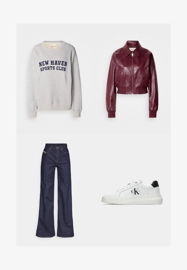 Calvin Klein Jeans CROPPED CRINKLE - Bombejakke - deep rouge; Lys grå hettegenser laget av bomullsmiks, med marineblå tekst "NEW HAVEN SPORTS CLUB" på tvers av brystet. Ribbestrikkede mansjetter og kant.; Mørkeblå vide jeans i denim med høy midje, med oransje sømmer, fem-lomme-design og knappelukking.; Hvite lavsko med svart hæltab, plattformsåle, snøringer og Calvin Klein "CK" logo på siden.