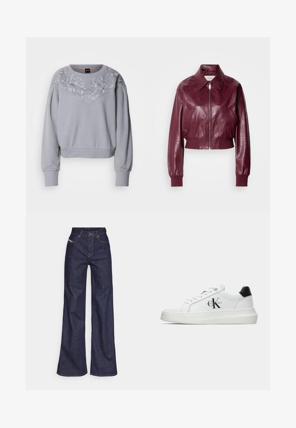 Calvin Klein Jeans CROPPED CRINKLE - Bomber dzseki - deep rouge; Világosszürke pulóver virágmintás hímzéssel a vállrészen, kerek nyakkal és elasztikus mandzsettával. Lazább szabású és puha tapintású.; Sötétkék, bő szárú farmernadrág, magas derékkal, narancssárga varrással, öt zsebes kialakítással és gombos zárással.; Fehér alacsony szárú edzőcipő fekete saroktabbal, platform talppal, fűzőkkel és Calvin Klein "CK" logóval az oldalán.